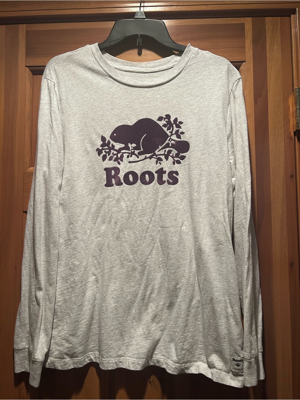Roots Womens Long Sleeve Tee in Light Gray with Dark Purple Logo